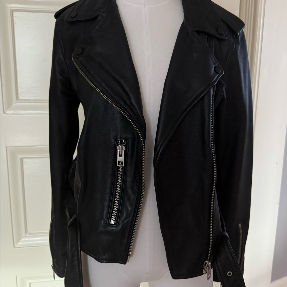 AllSaints black leather moto jacket size 10 - Picture 3 of 4